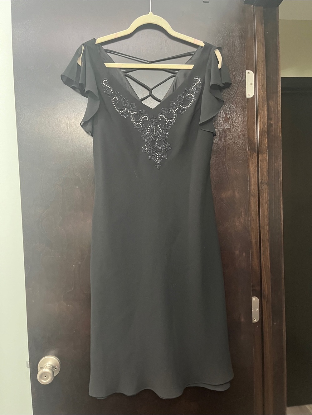 SL Fashions Black Midi Dress with Beaded V-Neck and Crisscross Back